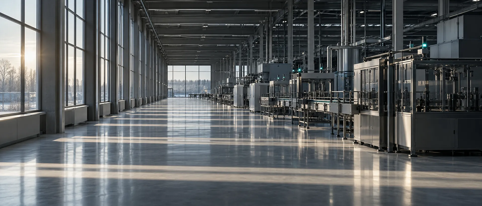 Morning sun lays evenly spaced bands of light across a long, quiet production hall.