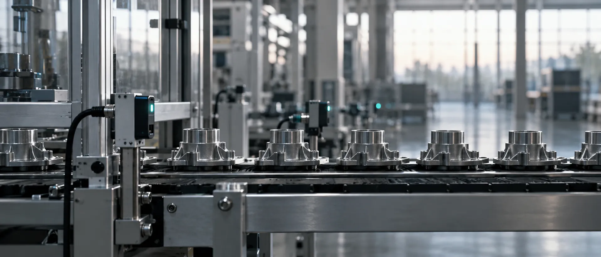 A running line at close range: evenly spaced parts pass a row of sensors, one glowing teal.