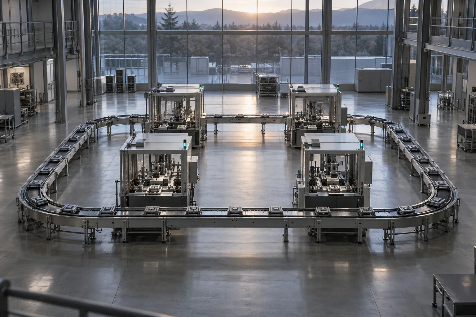 From a mezzanine, a conveyor loop circles four quiet workstations, each with a teal status light.