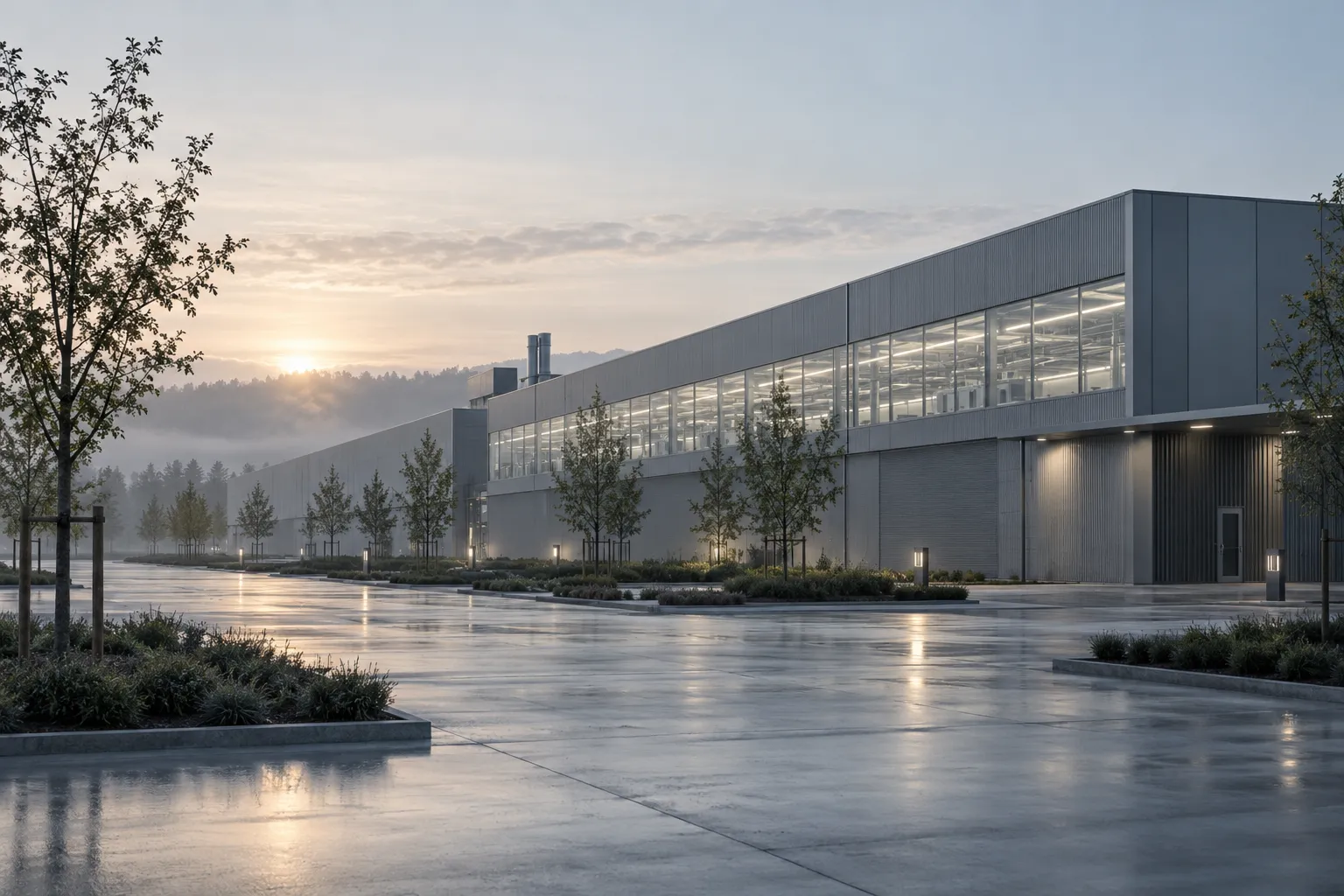 A modern manufacturing plant at dawn, seen from a distance, its clerestory glowing softly.