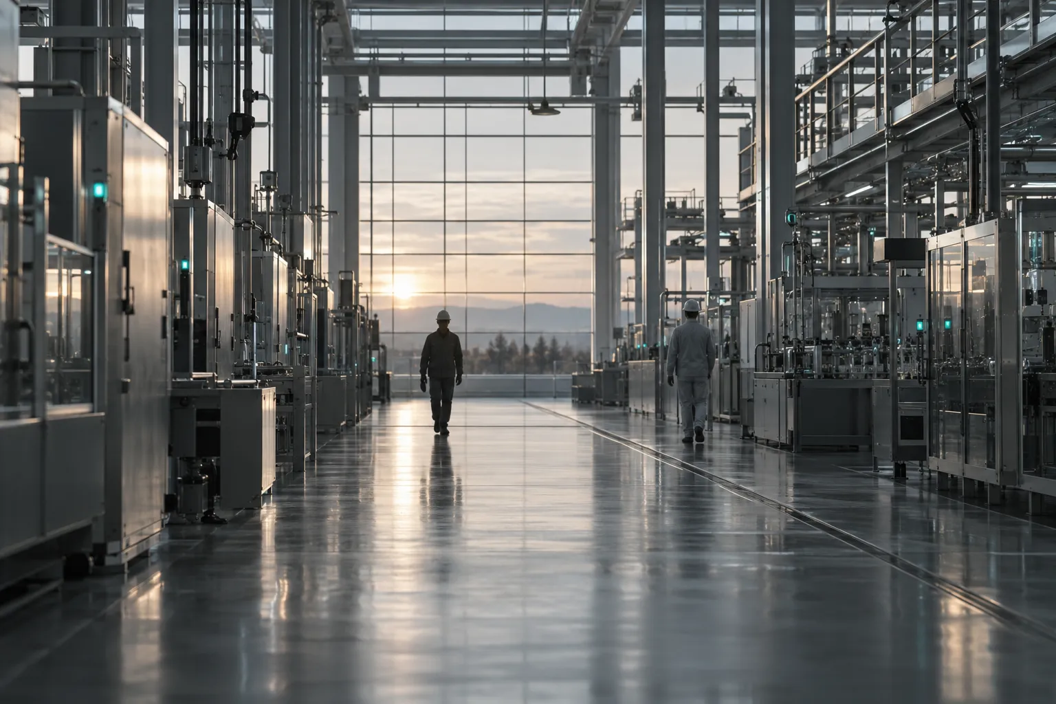 Shift change at dawn: two distant workers walk apart down a quiet aisle between running lines.