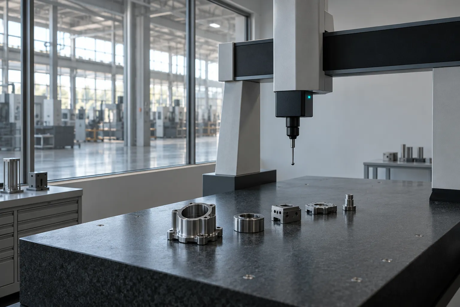 A quiet quality room: machined parts laid out on a granite table under a measuring machine.