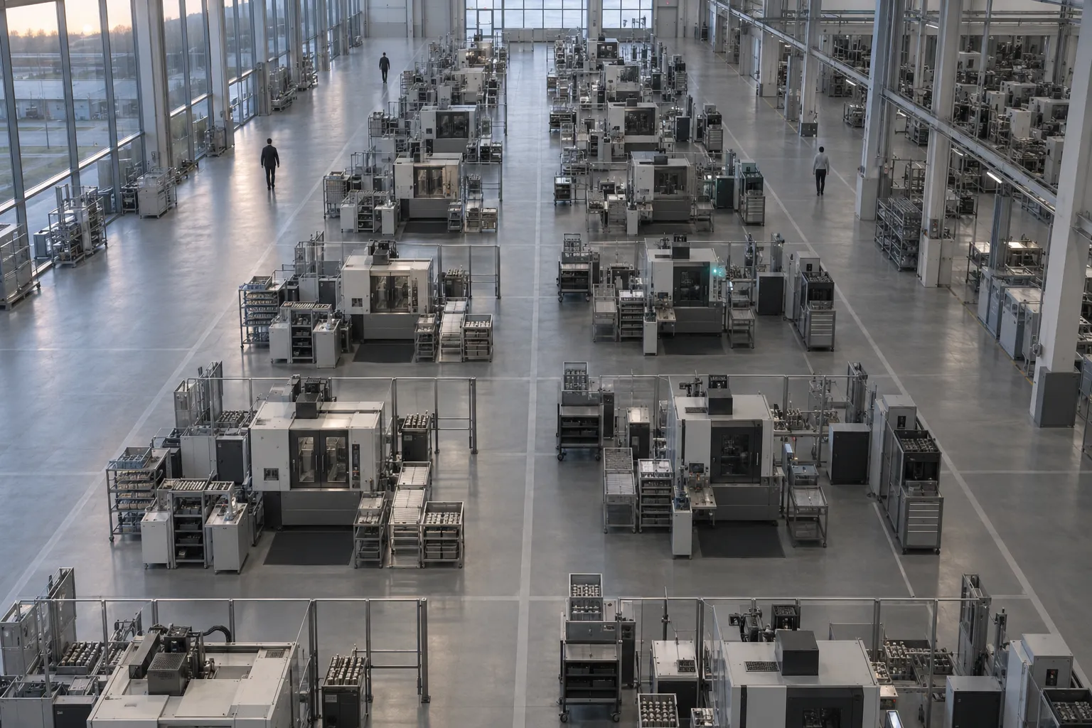 A high view onto a regular grid of workstations at dawn, one station lit teal.