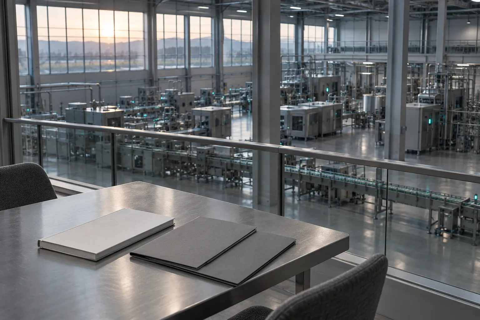 A mezzanine reading table with plain closed reports, overlooking a calm production hall at dawn.