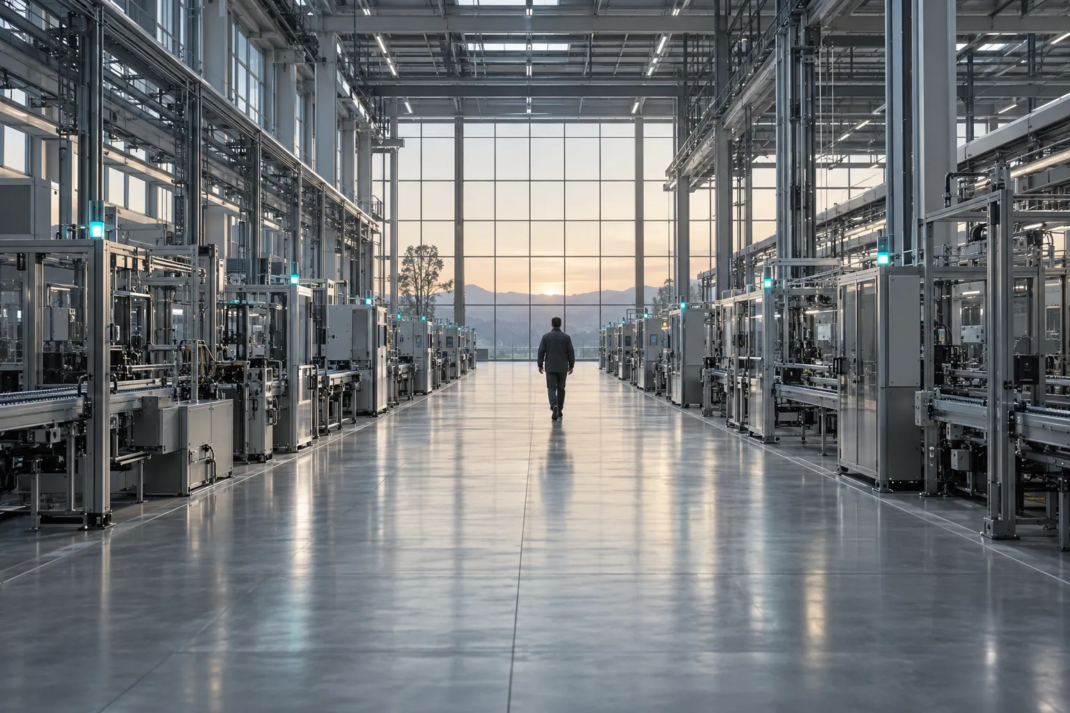 A plant manager, seen from behind, walks the aisle of a calm assembly hall at dawn, with teal status lights along the lines.