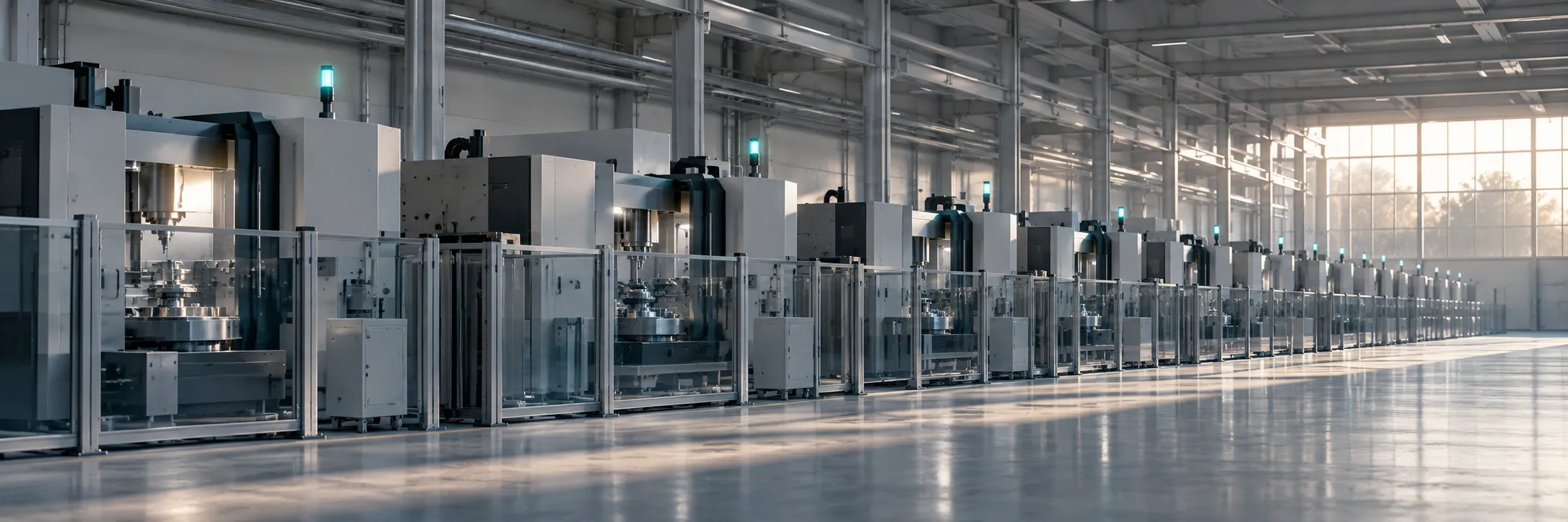 A row of machining cells in morning light, each with a small teal status light.